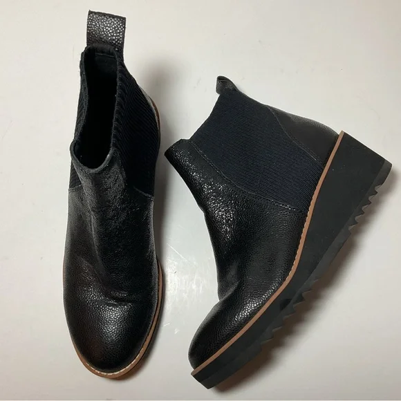 Eileen Fisher Lilou Black Leather Wedge Ankle Boots - Picture 3 of 15